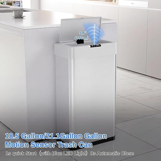 Sensor Trash Can, Touchless Motion Sensor Trash Bin | Smart Automatic Garbage Can with Soft-Close Lid, Bag Retainer Ring and Display Light, for Kitchen, Office (Silver, 16 Gal)