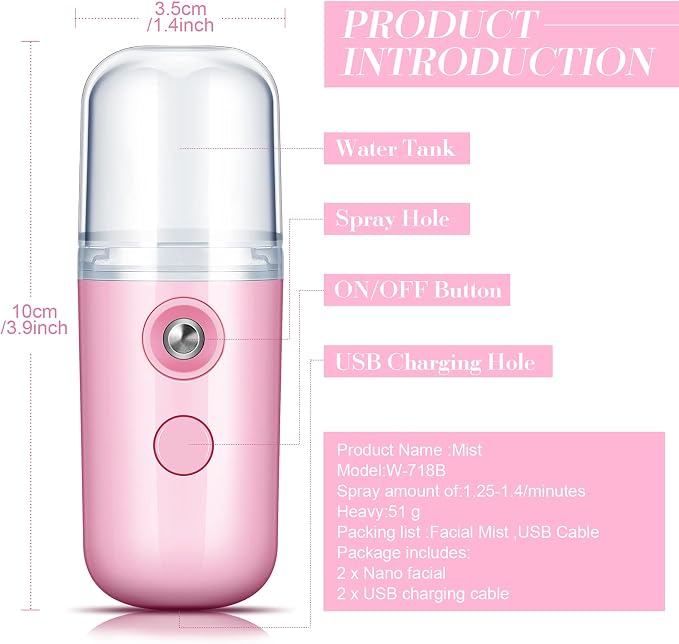 Honoson 2 Pack Nano Facial Mister for Lashes Sprayer,Black and Pink | USB Rechargeable Handheld Humidifier with Eyelash Extensions, 1 Oz Portable Sprayer Ideal for Makeup Skin Hydration