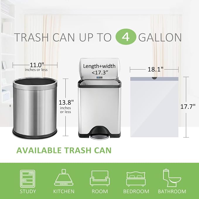 Teivio 4 Gallon Small Drawstring Trash Bags, 72 Count White Garbage Bags, Small Plastic Bin Liners fit 3.3,3.5-4 Gal Waste Bin for Bathroom, Kitchen, Bedroom, Office, Pet Litter, Household Daily Use