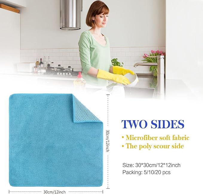 Dish Cloth for Washing Dishes Kitchen Washcloth Cleaning Cloth | 12x12inch 20pack Kitchen Towels Rags, Microfiber Cleaning Cloths, Wash Cloths with Poly Scour Side, Wholesale, Assorted