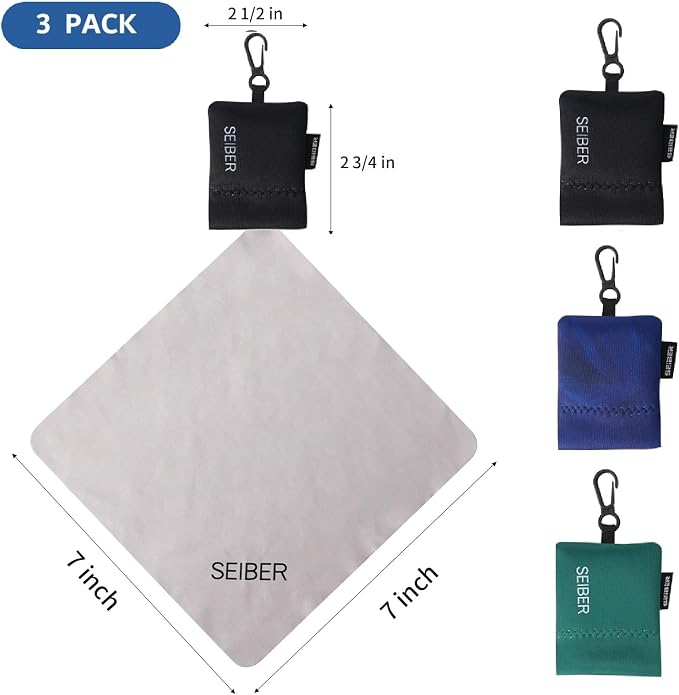 SEIBER Microfiber Eyeglass Cleaning Cloth with Neoprene Pouch, 3P, BK Blue GRN | 7x7 in For Glasses, Laptops, Cameras, Screen, Self-Closing Bottom