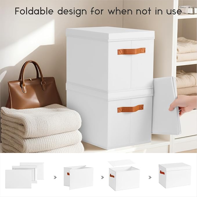 Storage Bins with Lids - Fabric Storage Baskets for Shelves, 8 Pack Foldable Decorative Boxes with Handles, Stackable Organizer Bins for Home, Nursery, Dorm, White