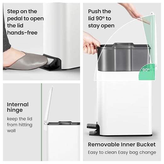Cesun Small Bathroom Trash Can with Lid, 1.6 Gal, Soft Close, White | Step pedal soft close, Slim 5.9in fits narrow spaces, Stainless steel, Anti-fingerprint, Removable inner bucket, Odor seal