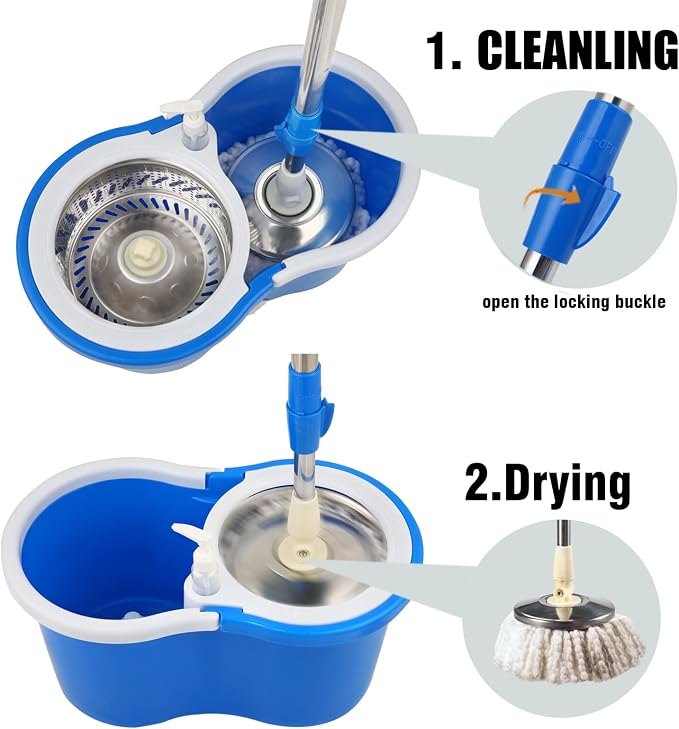 Spin Mop and Bucket with Wringer Set, 3 Microfiber Mop Heads, 61" Handle | 360° Spinning Mop System with Stainless Steel Adjustable Handle & 3 Microfiber Replacement Heads for Floor Cleaning