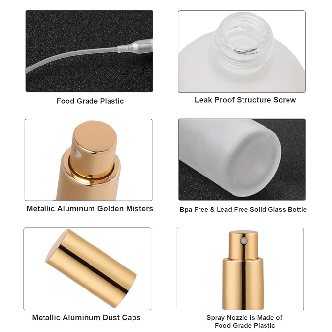 Glass Spray Bottle with Gold Sprayer, 3.4oz, 2 Pack | Perfume Atomizer, Empty, Fine Mist, Frosted