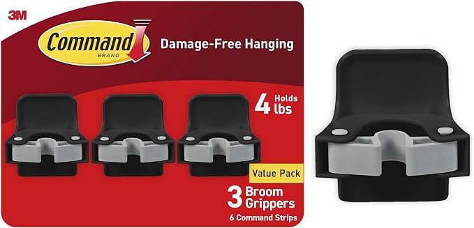 Command Large Black Broom Grippers, 3 Grippers, 6 Strips | Damage-Free Hanging Wall Mount Broom and Mop Holder, No Tools Cleaning Organizer, Holds up to 4 lb