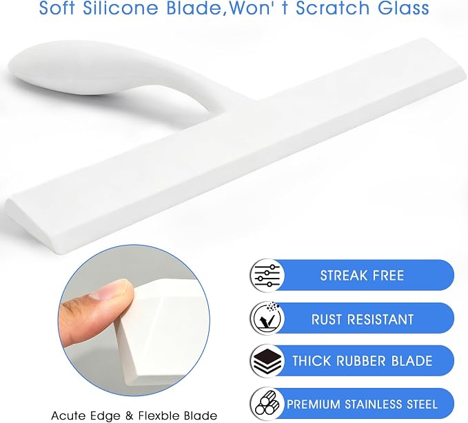 Shower Squeegee for Glass Doors, 11-Inch Silicone Squeegee with Non-Slip Handle and Adhesive Hook for Bathroom, Mirror（White）