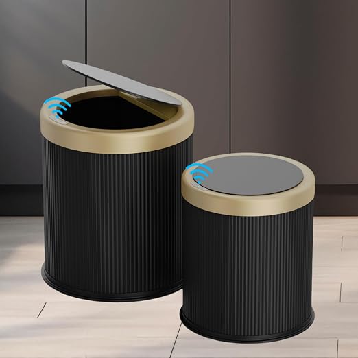 URALFA 2PCS Bathroom Trash Can Automatic Touchless, Motion Sensor Trash Can | 2.8 & 3.7 Gallon Bathroom Garbage Can with Lid, Smart Waterproof Trash Bin for Bedroom, Office, Restroom, Black and Gold
