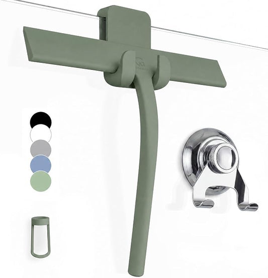 Silicone Shower Squeegee with 3-in-1 No-Drill Mount, Green, 9'' | Squeegee for Glass Doors & Mirrors with Stainless Steel Core, Streak-Free & No-Squeak Window Cleaning, Hook/Suction/Adhesive
