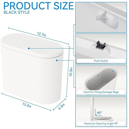 White 12 Liter Rectangular Plastic Small Garbage Can With Lid,2 Pack 3.17 Gallon Slim Bathroom Trash Can with Lid and Dog Proof Garbage Can and Wastebasket,Lidded Trashcan for Bedroom,Rv,Dorm,Office