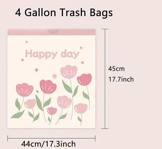 4 Gallon Trash Bags 200pcs Drawstring Tearing-free for Bathroom Office Home Bedroom Trash Can with Pink Floral Printed Garbage Basket Bags (4Gallon 200pcs)