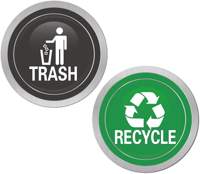 Recycle and Trash Magnets for Kitchen Cans and Recycling Bins | Silver Brushed Trash and Recycle Magnet Combo for Garbage Can Logo Symbol,Outdoor Waste Bin,5.5 Inch (Round)