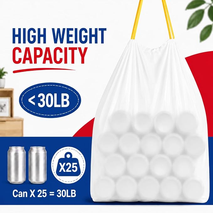 8 Gallon 100 Count Drawstring Garbage Bags, heavy duty Medium Trash Bags, Coreless Roll, Tear-Resistant Unscented for Kitchen & Household & Office.