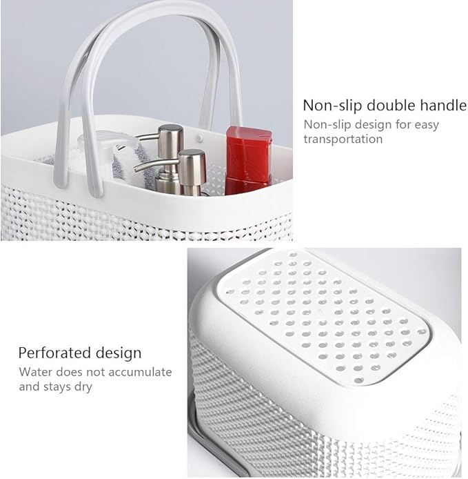 Plastic Portable Shower Caddy Basket, Storage Organizer, White, 2 Pack | Bottom Drain Holes, Keep Dry, Sturdy and Durable, Easy to Carry for Bathroom, Kitchen, Dorm Room, RV, College