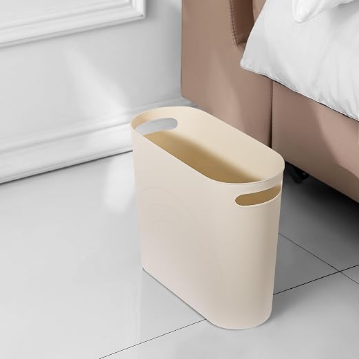 rejomiik Small Bathroom Trash Can, 3.5 Gallon Slim Garbage Can, Cream | Plastic Waste Basket with Handles for Bathroom, Bedroom, Dorm, Kitchen, Office and Narrow Spaces