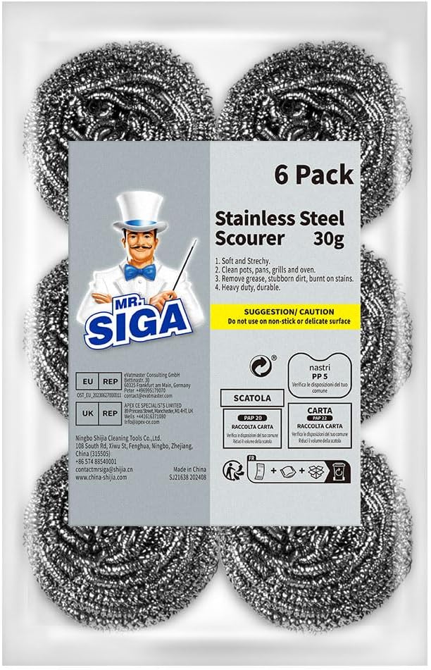 MR.SIGA Stainless Steel Scourer, Steel Wool Scrubbers, Pack of 6 | Scouring pads for cleaning tough baked-on messes, metal scrubbers for cleaning dishes pots, pans, grills and sinks