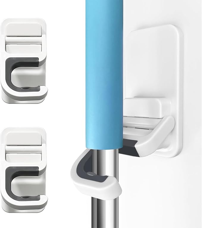 Broom Holder Wall Mount, 2 Pack Self Adhesive Mop Organizer Wall Hanging | No Drilling, Anti-Slip Broom and Mop Hanger Wall Mount Cleaning Ideal for Bathroom, Kitchen, Garden, Garage