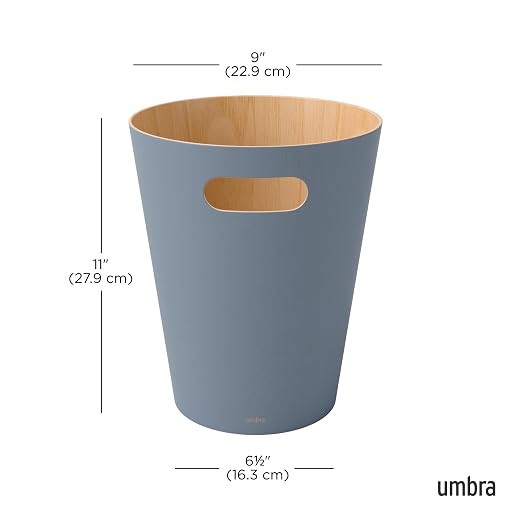 Umbra Woodrow Trash Can, Wooden Wastebasket, 2 Gallon, Slate Blue | Beech wood construction, integrated carry handles, two-tone design, durable build, fits small spaces, bathroom or office