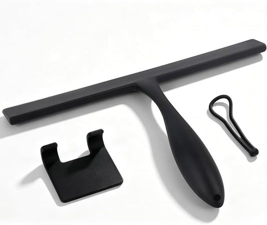 Shower Squeegee for Glass Doors, 11-Inch Silicone Squeegee with Non-Slip Handle and Adhesive Hook for Bathroom, Mirror, Tile, Car Window (Black)