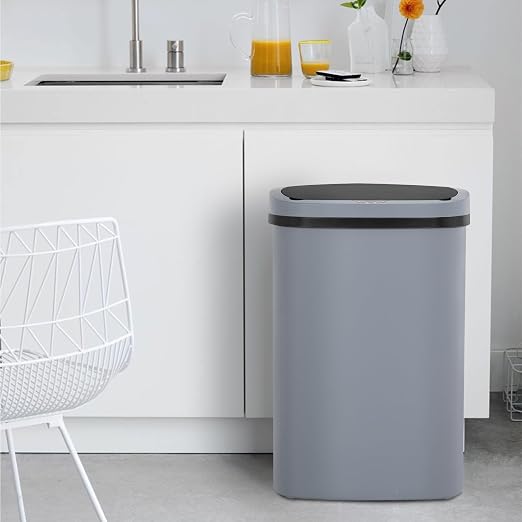 BestOffice Broken-Resistant Plastic Trash Can with Touch Free Lid - High-Capacity 49L (13 Gallon) Garbage Can for Bedroom, Bathroom, Home Office, Kitchen (1, Gray)