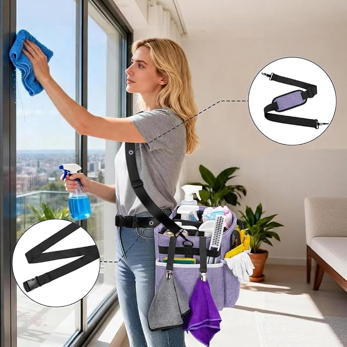 Ytonet Cleaning Caddy, Wearable Cleaning Supplies Organizer with 4 Dividers | Large Cleaning Bag for Cleaning Supplies with Handle and Shoulder Straps, Versatile Cleaning Tote for Housekeepers, Purple