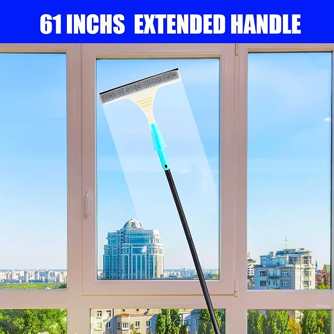 61" Window Squeegee with Long Extension Pole, 2-in-1 Streak-Free Glass Washer & Scrubber Kit with 5 Reusable Microfiber Pads & Clips, Professional Window Cleaning Tool for Home Outdoor High Windows