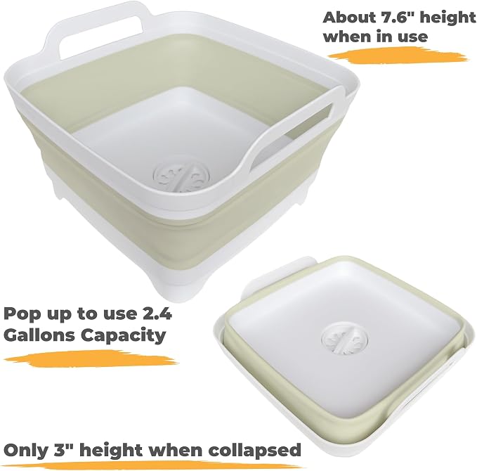 GIMWA Collapsible Wash Basin for Baby Bottles - 2.4 Gallons Portable Wash Bin for RV Camping Sink, Space-Saving Dish Tub (Green)