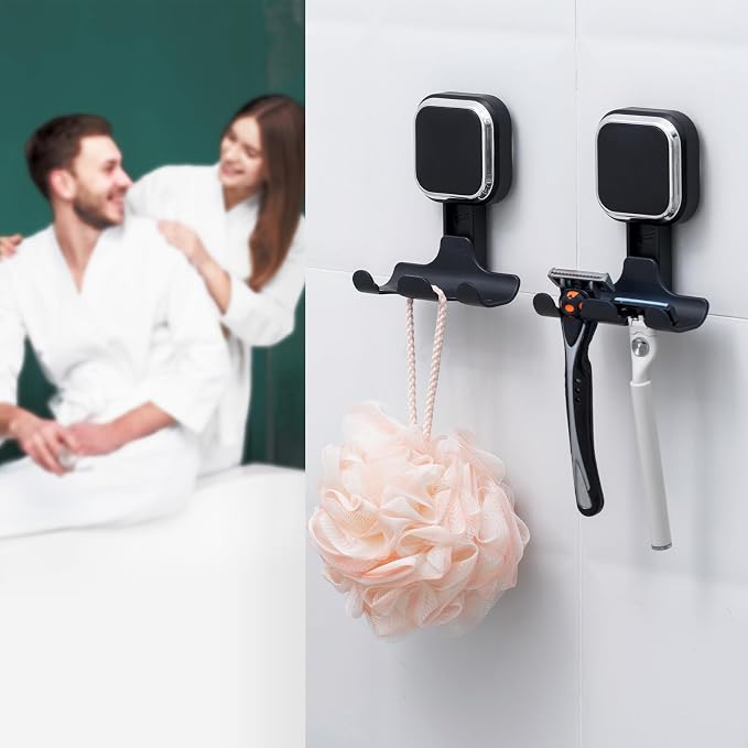 LEVERLOC Vacuum Suction Cup Razor Holder for Shower 2 Pack, Heavy Duty Shower Hooks for Towel, Loofah, Razor, Cell Phone, Damage-Free Hanging Plated Suction Cup Hooks, Easy to Install and Reuse, Black