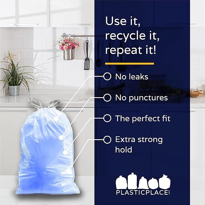 Plasticplace Custom Fit Trash Bags, Compatible with simplehuman Code K (50 Count) Tinted Blue Drawstring Garbage Liners 10 Gallon / 38 Liters, 24" x 28"