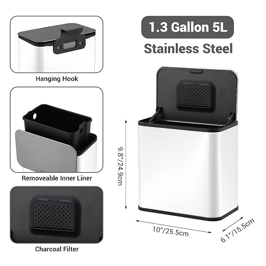 1.3 Gallon/5L Stainless Steel Step Trash Can, Soft Close Garbage Bin with Detachable Inner Bucket,Fingerprint Resistant,Dual-Use Waste & Recycling Container for Home Kitchen, Bathroom and Office