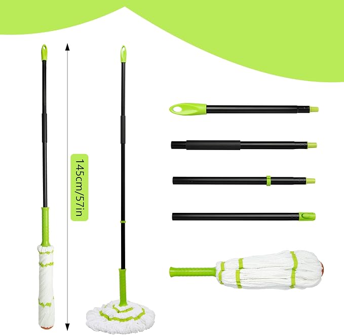 Self-Wringing Twist Mop,57" Long Handle, House Accessories,Green | Microfiber Floor Mop, Wet Mopping,House Accessories for Home,for Tile,Hardwood,Kitchen,Bathroom,Patio,Garage,Household Clean