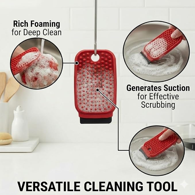 3-in-1 Silicone Dish Scrubber with Scraper&Vegetable,Fruit Brush-Grey 1PCS | silicone dish scrubber and vegetable&fruit brush with built-in scraper. Food-grade, fast-drying, and scratch-free
