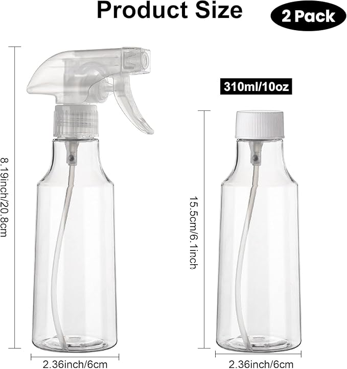 2 Pack 360° Reverse Plastic Spray Bottles 10oz Empty Spray Bottle | Adjustable Nozzle, 310ml Fine Mist Spray Bottle for Hair, Cleaning Solutions, Cooking, Plant, Essential Oils, Clear