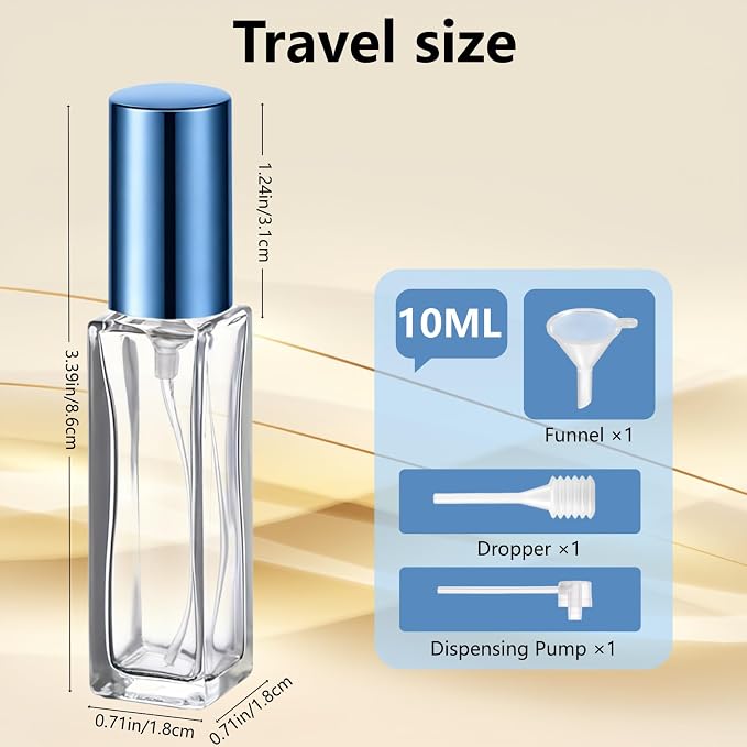 Perfume Travel Refillable, 6 Pcs 10 ml Glass Atomizers (Blue) | Leak-resistant fine mist spray, mini perfume bottle set with filling tools, portable for travel, gym, office and daily use