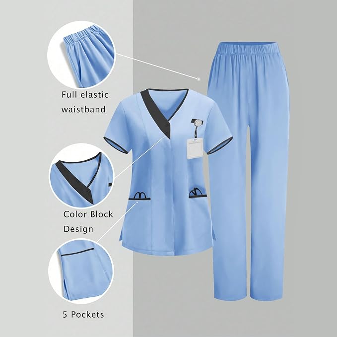 2026 Housekeeping Uniform Cleaning Uniforms - Button V Neck Top & Pants with Multi Pockets - Scrubs for Women