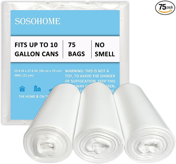 10 Gallon Trash Bags - Ultra Strong Clear Garbage Bags, 75 Count | 22 Micron Trash Can Liners for Office Kitchen