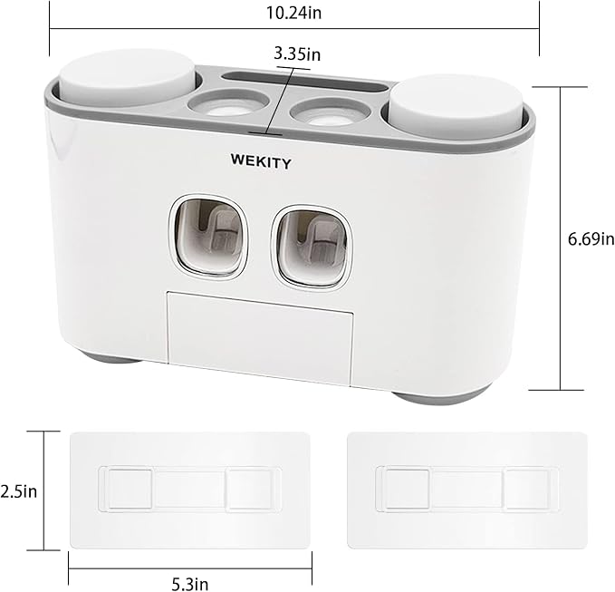 Toothbrush Holder Wall Mounted, WEKITY Multi-Functional Toothbrush and Toothpaste Dispenser for Bathroom, with 5 Toothbrush Slots, 2 Toothpaste Squeezers and 4 Cups(Grey)