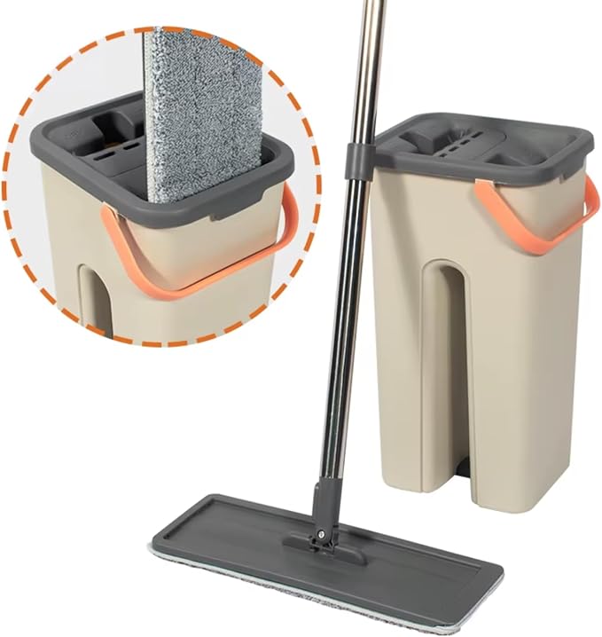 360° Microfiber Flat Mop with Hands-Free Self-Cleaning Bucket, Wash & Dry Dual Chamber System, Adjustable Handle, Includes 2 Microfiber Mop Pads, Wet & Dry Floor Cleaning - (LV-F02)