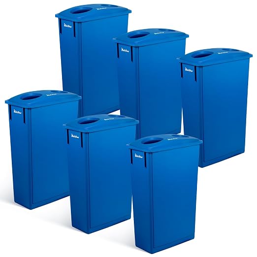 PLASTIC PRINCE 23 Gallon Slim Trash Can with Recycling Lid for Bottles and Cans, Blue Commercial Rectangular Garbage Can, Waste Bin for Home Kitchen Office Cabinett 6 Pack