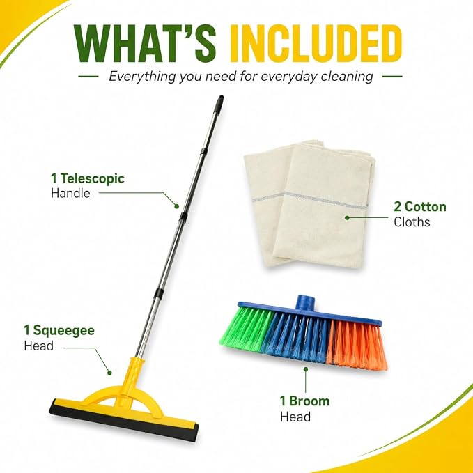 2-in-1 Floor Squeegee & Broom Kit with Telescopic Handle, 17.5 Inch Heavy Duty Water Squeegee for Tile, Concrete, Marble, Garage & Shower, Includes 2 Cotton Cloths