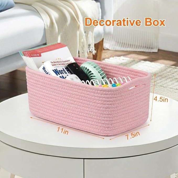 3Pack Small Woven Storage Baskets for Shelves Organizing | Cotton Rope Closet Organizer Bins, Basket for Gifts Empty, Nursery, Living room, Dog Toy Basket 11x7.5x4.5 in, Pink