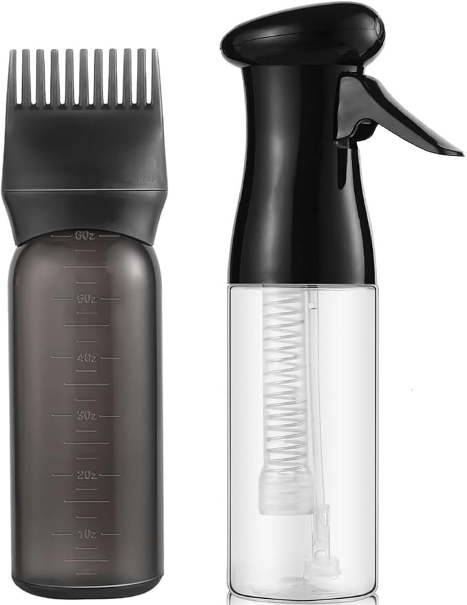 2 Pack Continuous Hair Spray Bottle and Oil Applicator for Hair Dye & Scalp | Leak Proof, Water Mister for Hairstyling, Cleaning, Planting, 2 Types Plastic Bottles for Coloring, Home Salon Use