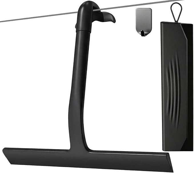 2PACK Shower Squeegee for Glass Doors All-One-Piece Silicone with Hook | Design for Easy Hanging & Cleaning for Bathroom, Window, Kitchen, Mirror, Tile Wall, Car, Streak-Free No-Squeak Tool, Black
