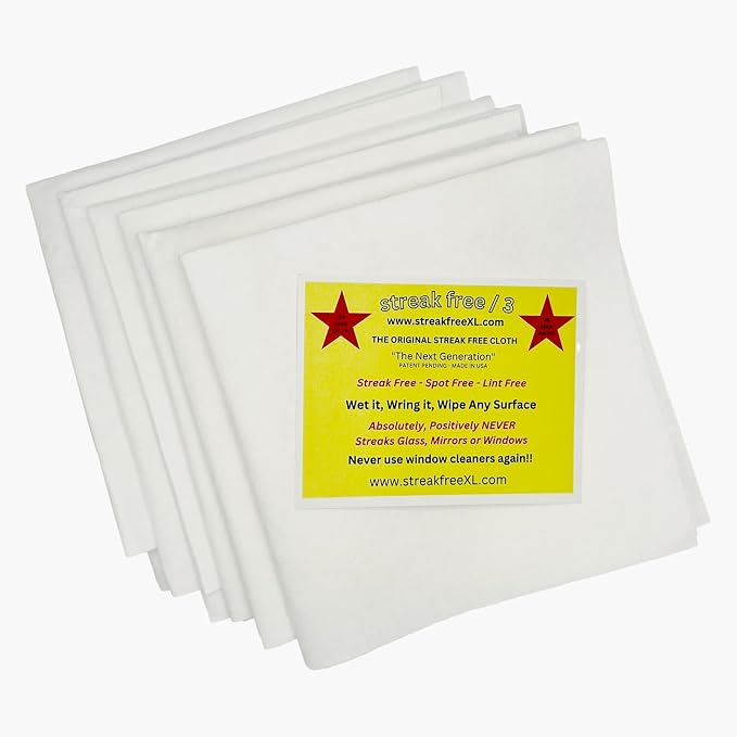 Streak Free/3 Microfiber Glass Cleaning Cloth, 6 Pack, Lint Free & Reusable | 16" x 16" Lint-Free Window & Mirror Cleaning Towels, Streak-Free Reusable Cloths for Glass, Cars & Home - Just Use Water