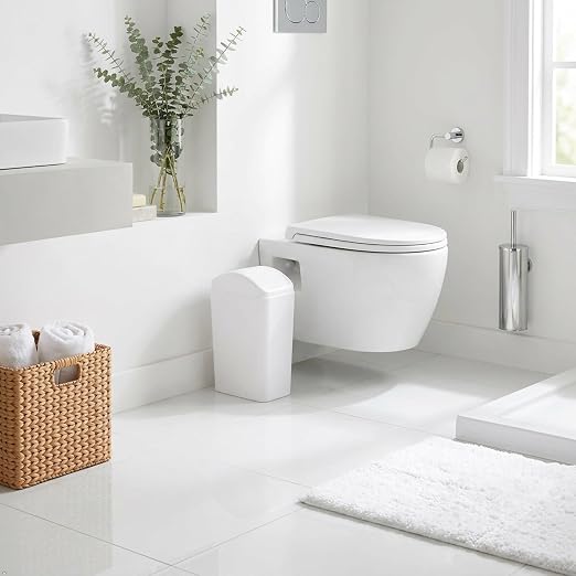 White Plastic Trash Bin with Lid, 3.5 Gallon Swing-Top Trash Can | Slim Garage Can with Swing Top Lid, 12 L Capacity, for Bedroom, Restroom, Bathroom