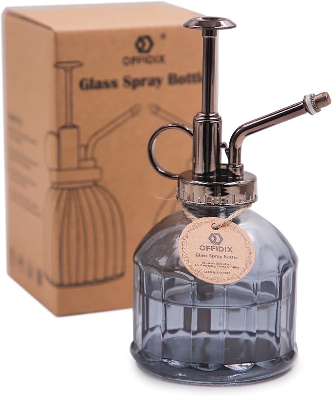 OFFIDIX Glass Plant Spray Bottle, Grey 6.7 oz Plant Mister for Inside Decor | Vintage Style Spritzer, Indoor Plant Spray Bottle, 6.3" Tall, 200ml/6.7oz, Small One Hand Watering Can for Garden Cleaning