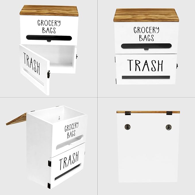 2 in 1 Trash Bag Dispenser, Double Wall Mounted,Wood Trash Bag Holder, used in kitchen, garage, laundry room, can store Environmentally friendly food bags and garbage bags (White)