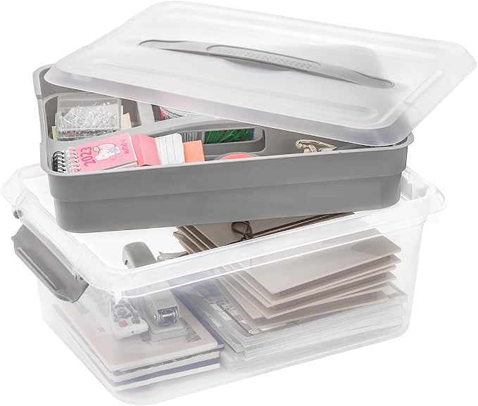 Yesland Portable Craft Storage Box with Removable Tray and Handle, 16x11x6.5 Inch Plastic Art Supply Organizer Container for Stationery, Sewing, Jewelry - Grey