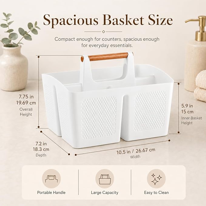 Haundry Plastic White Shower Caddy Basket with 3 Compartments, Portable Divided Bathroom Cleaning Caddy Organizer Storage Tote with Handle for Dorm, College, Room Essentials
