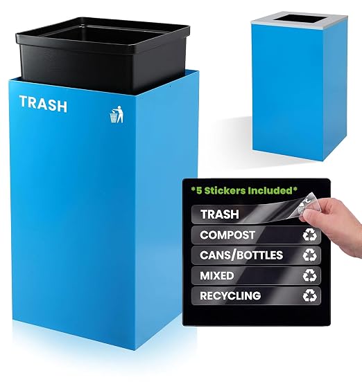 Alpine Commercial Indoor Recycle Bin with Lid - 29 Gallon Blue Recycle Bin Recycle Trash Can Office Recycling Bins, Metal Recycling Container with Stickers & 3 Optional Lids Sold Separately